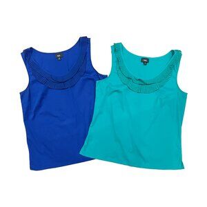 Mossimo Pleated Ruffle Neck Sleeveless Tops | Set of 2 | Blue & Green | EUC